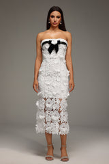 Fabiana White Lace Floral Midi Dress with Black Ribbon Detail