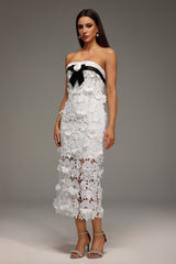 Fabiana White Lace Floral Strapless Midi Dress with Black Ribbon and Flower Accent