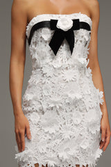 Fabiana White Lace Floral Strapless Midi Dress Black Ribbon Flower Detail