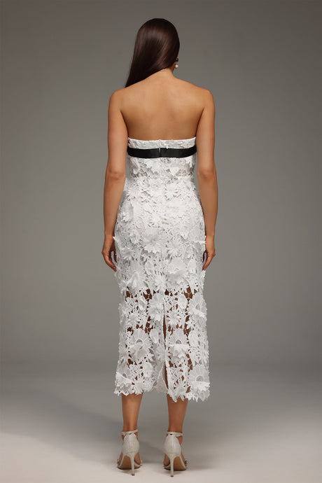 Fabiana White Lace Floral Strapless Midi Dress