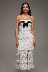 Fabiana White Lace Strapless Midi Dress with Black Ribbon and Flower Accent