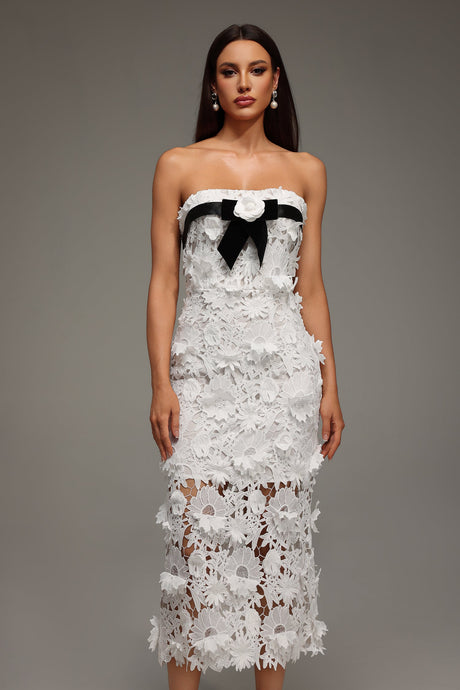 Fabiana White Lace Strapless Midi Dress with Black Ribbon and Flower Accent