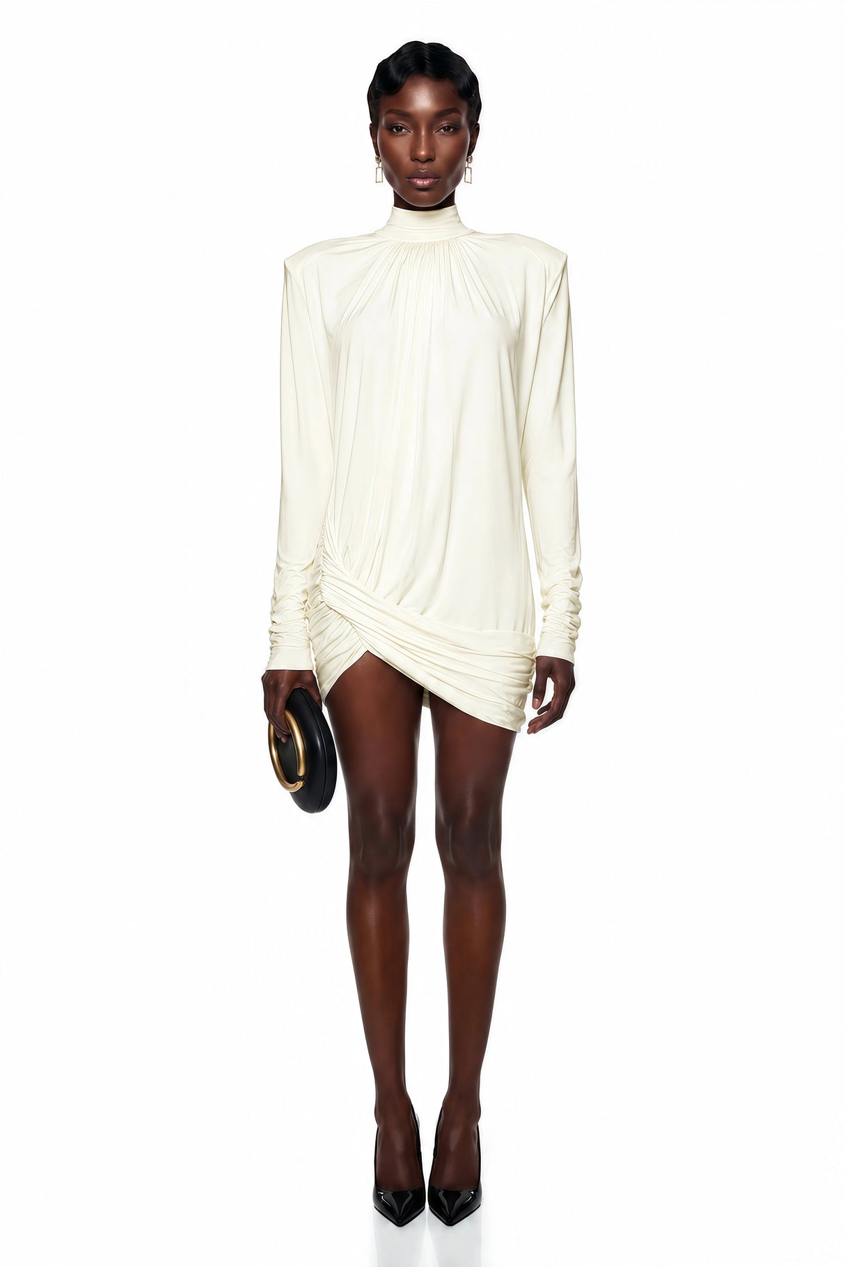 Fabiana White Mock Neck Ruched Mini Dress