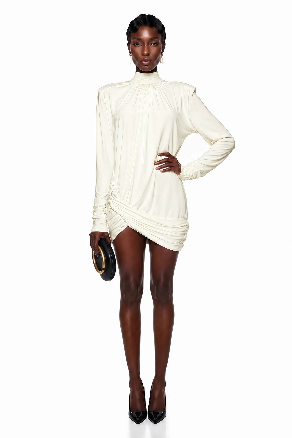 Fabiana White Mock Neck Ruched Mini Dress