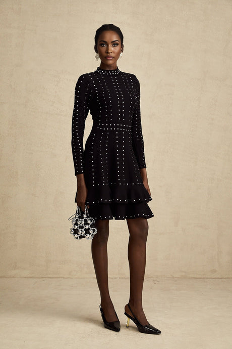 Fabienne black embellished ruffled knitted mini dress