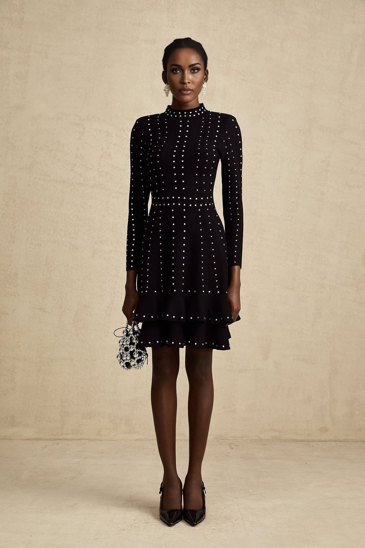 Fabienne black embellished ruffled knitted mini dress