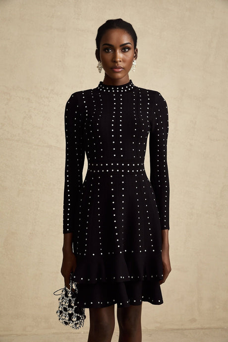 Fabienne black embellished ruffled knitted mini dress