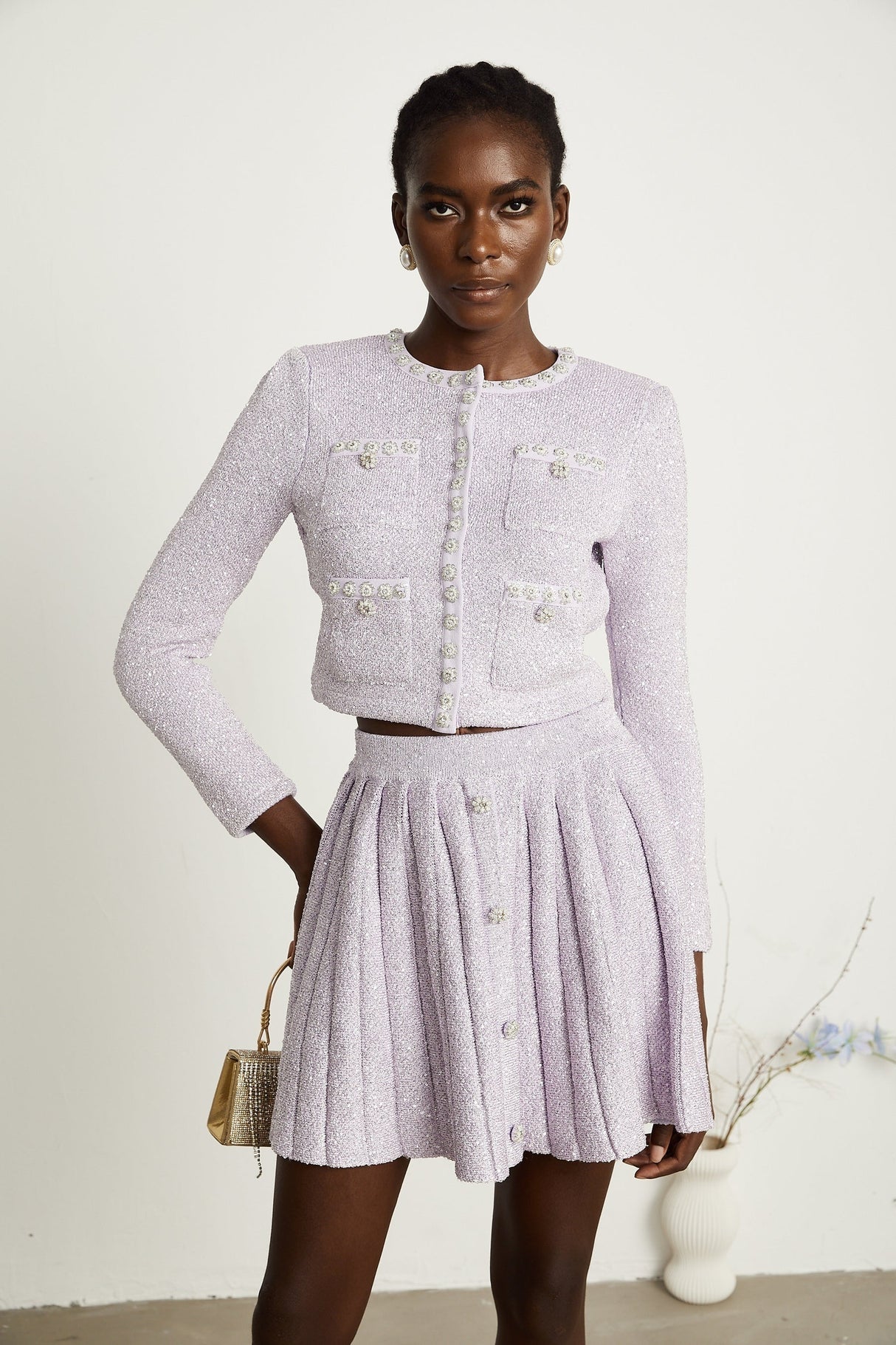 Fabienne purple sequindetail jacket  skirt matching set
