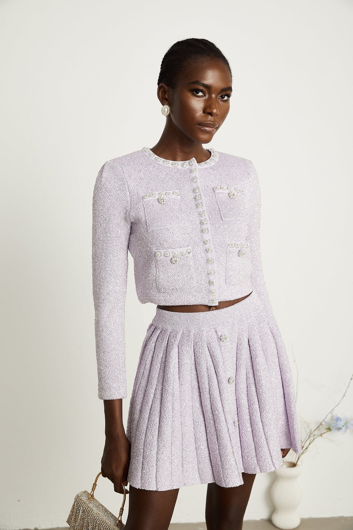 Fabienne purple sequindetail jacket  skirt matching set