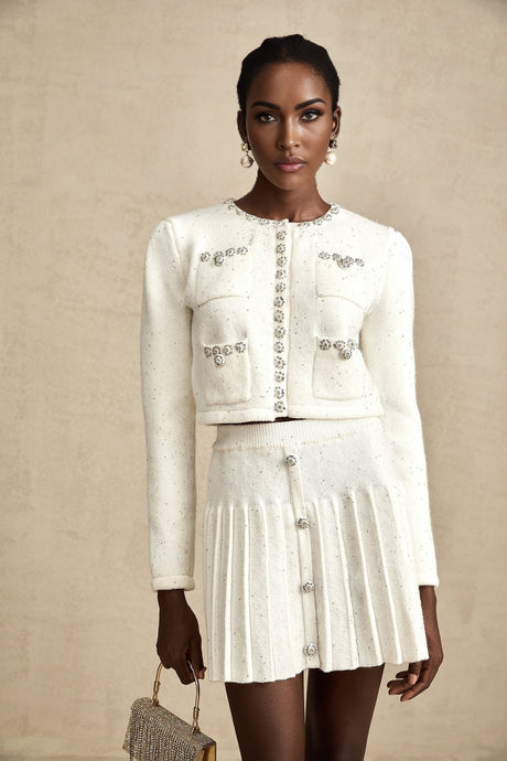 Fabienne white embellished jacket  skirt matching set