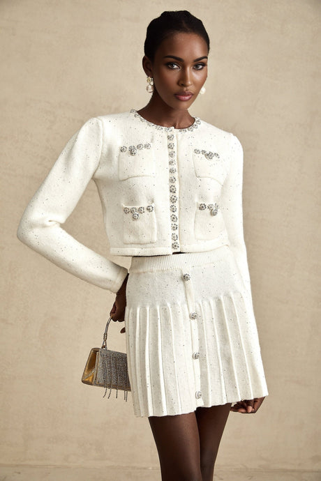 Fabienne white embellished jacket  skirt matching set