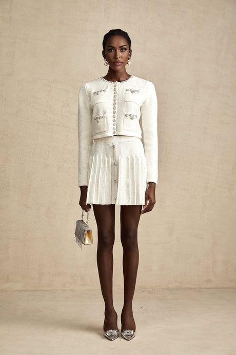 Fabienne white embellished jacket  skirt matching set