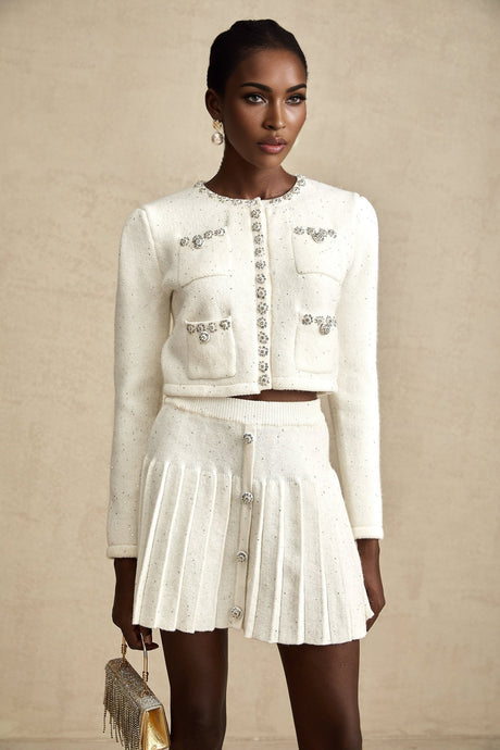Fabienne white embellished jacket  skirt matching set