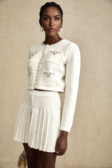 Fabienne white embellished jacket  skirt matching set