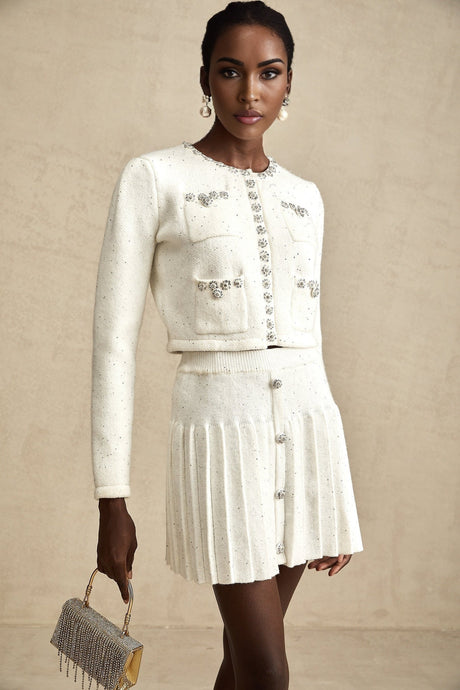Fabienne white embellished jacket  skirt matching set