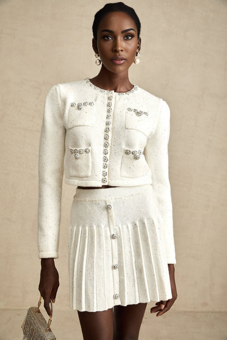 Fabienne white embellished jacket  skirt matching set