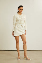 Fabiola Jacket & Skirt Set - Tweed Fabric - Faux - Pearl Detailing - Angled Hem - Front Button Fastening - Asymmetric Skirt Hem