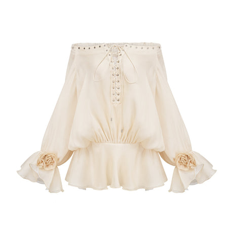 Fabiola Mini Dress - Off the Shoulder - Double Layered - Front Tie Fastening - Lace - Up Detail - Flared Hem