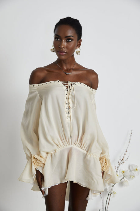 Fabiola Mini Dress - Off the Shoulder - Double Layered - Front Tie Fastening - Lace - Up Detail - Flared Hem