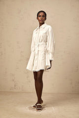 Fabiola Mini Dress White Belted Lapels Gigot Sleeves & Pockets