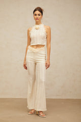 Fabiola Top & Trousers - Frilled Neck - Sleeveless - Jacquard Weave - Ruffled - Lace Trim