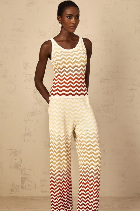 Fabiola Top & Trousers Set with Chevron Knit Design in Yellow