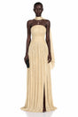 Fadime Champagne Cross Front Ruched Maxi Dress with Cape
