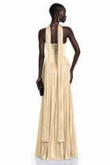 Fadime Champagne Cross Front Ruched Maxi Dress with Cape