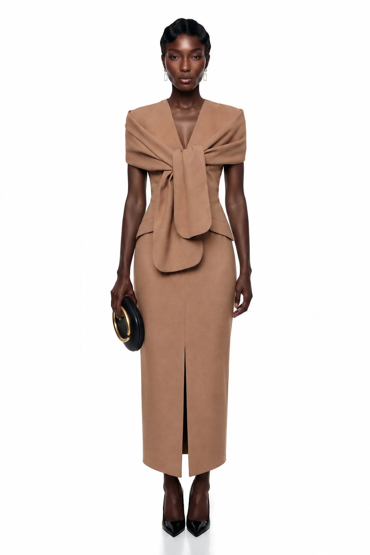 Fahire Brown Plunge Neck Midi Dress with SelfTie