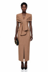 Fahire Brown Plunge Neck Midi Dress with SelfTie