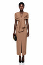 Fahire Brown Plunge Neck Midi Dress with SelfTie