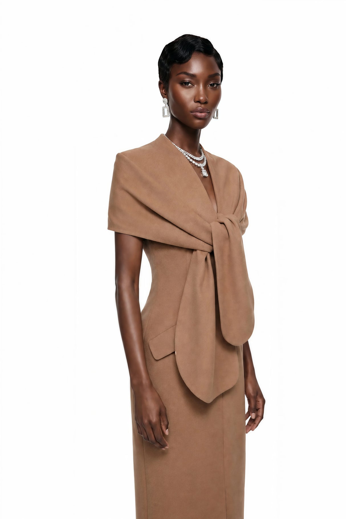 Fahire Brown Plunge Neck Midi Dress with SelfTie
