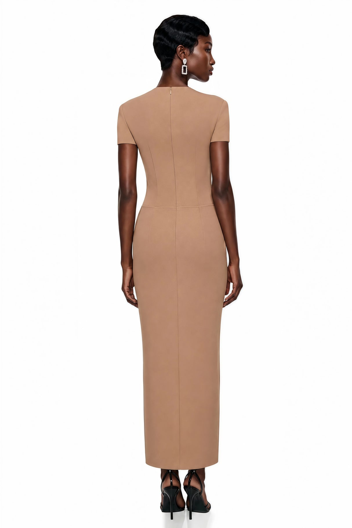 Fahire Brown Plunge Neck Midi Dress with SelfTie