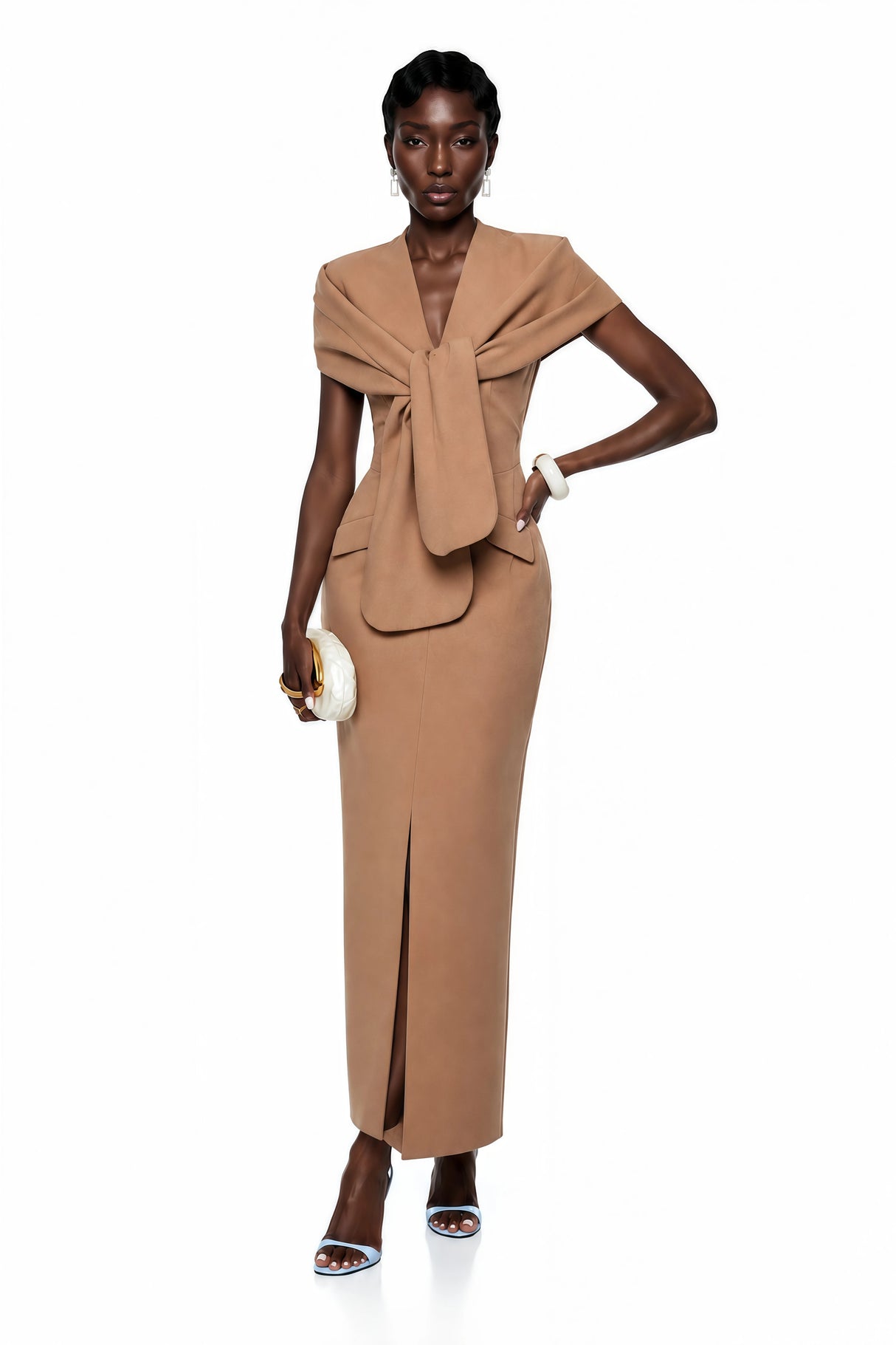 Fahire Brown Plunge Neck Midi Dress with SelfTie