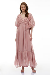 Faina Pink Ruched Maxi Dress with 3D Florals