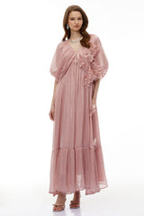 Faina Pink Ruched Maxi Dress with 3D Florals