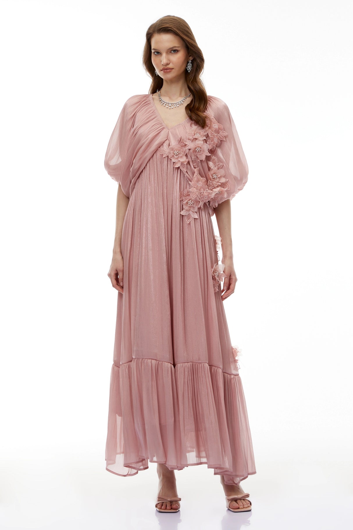 Faina Pink Ruched Maxi Dress with 3D Florals