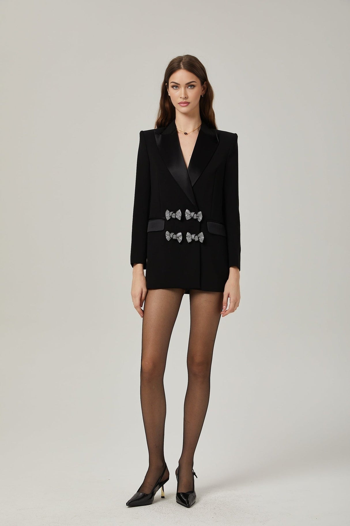 Faith Blazer - Long Sleeves - Peak Lapels - Shoulder Pads - Crystal - Embellished Bow Detail