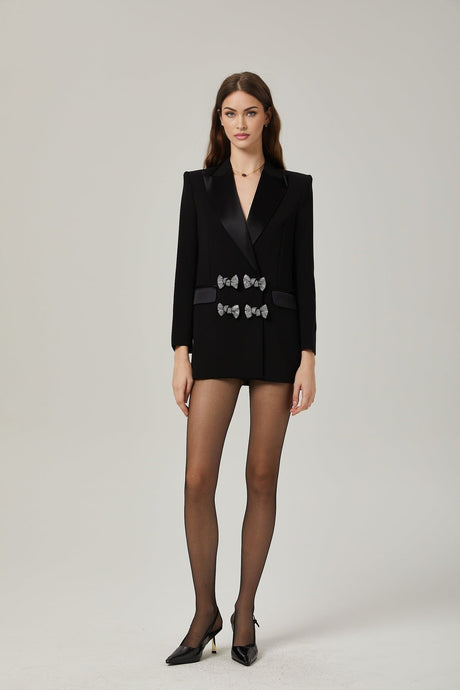 Faith Blazer - Long Sleeves - Peak Lapels - Shoulder Pads - Crystal - Embellished Bow Detail