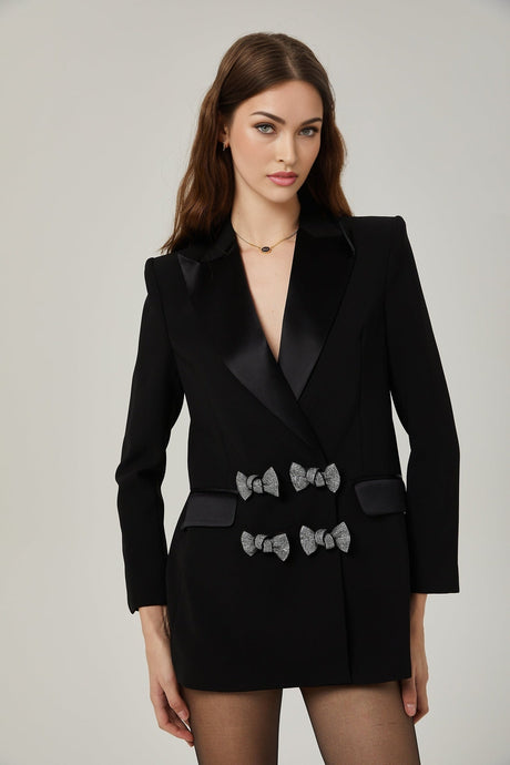 Faith Blazer - Long Sleeves - Peak Lapels - Shoulder Pads - Crystal - Embellished Bow Detail