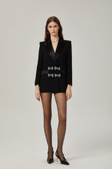 Faith Blazer - Long Sleeves - Peak Lapels - Shoulder Pads - Crystal - Embellished Bow Detail
