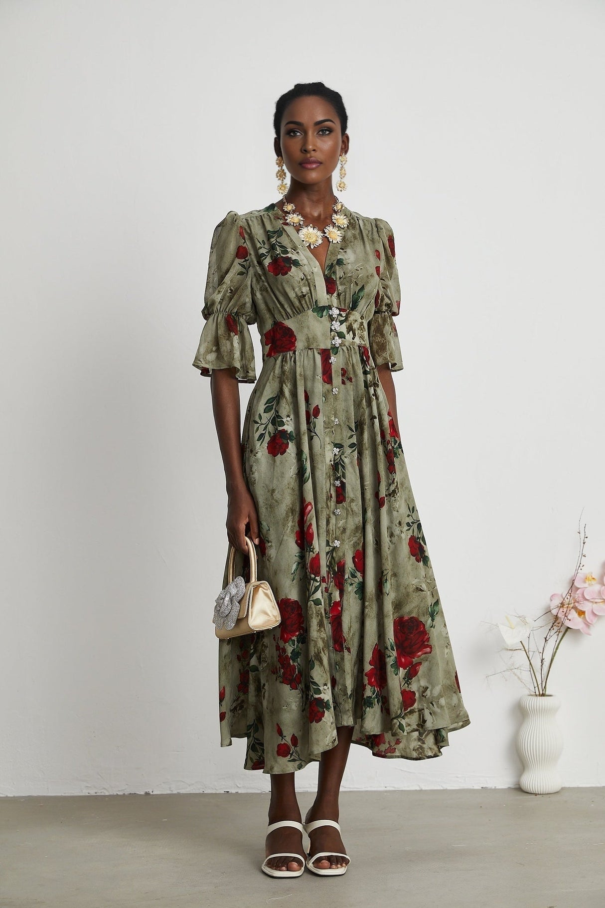 Faith Floral Midi Dress - V - Neck Design - Short Sleeve - Pleated Detailing - Front Button Closure
