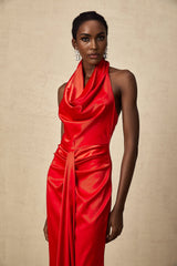 Faith Maxi Dress - Halterneck Style - Open Back Detailing - Cinched Waist - Rear Slit Feature