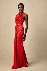 Faith Maxi Dress - Halterneck Style - Open Back Detailing - Cinched Waist - Rear Slit Feature