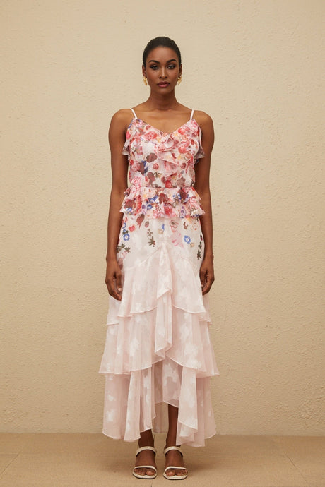 Faith Maxi Dress - Rose Print - Tiered Hem - Sleeveless - Adjustable Straps