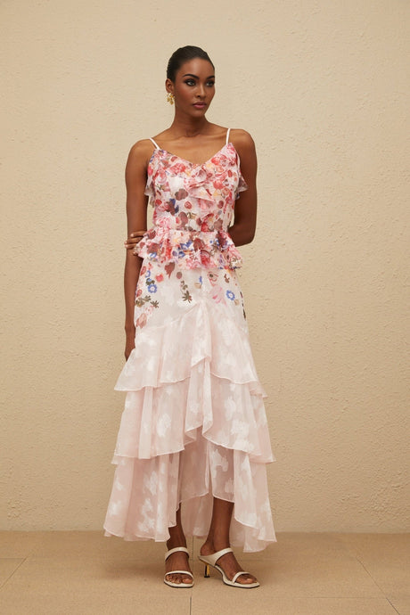 Faith Maxi Dress - Rose Print - Tiered Hem - Sleeveless - Adjustable Straps