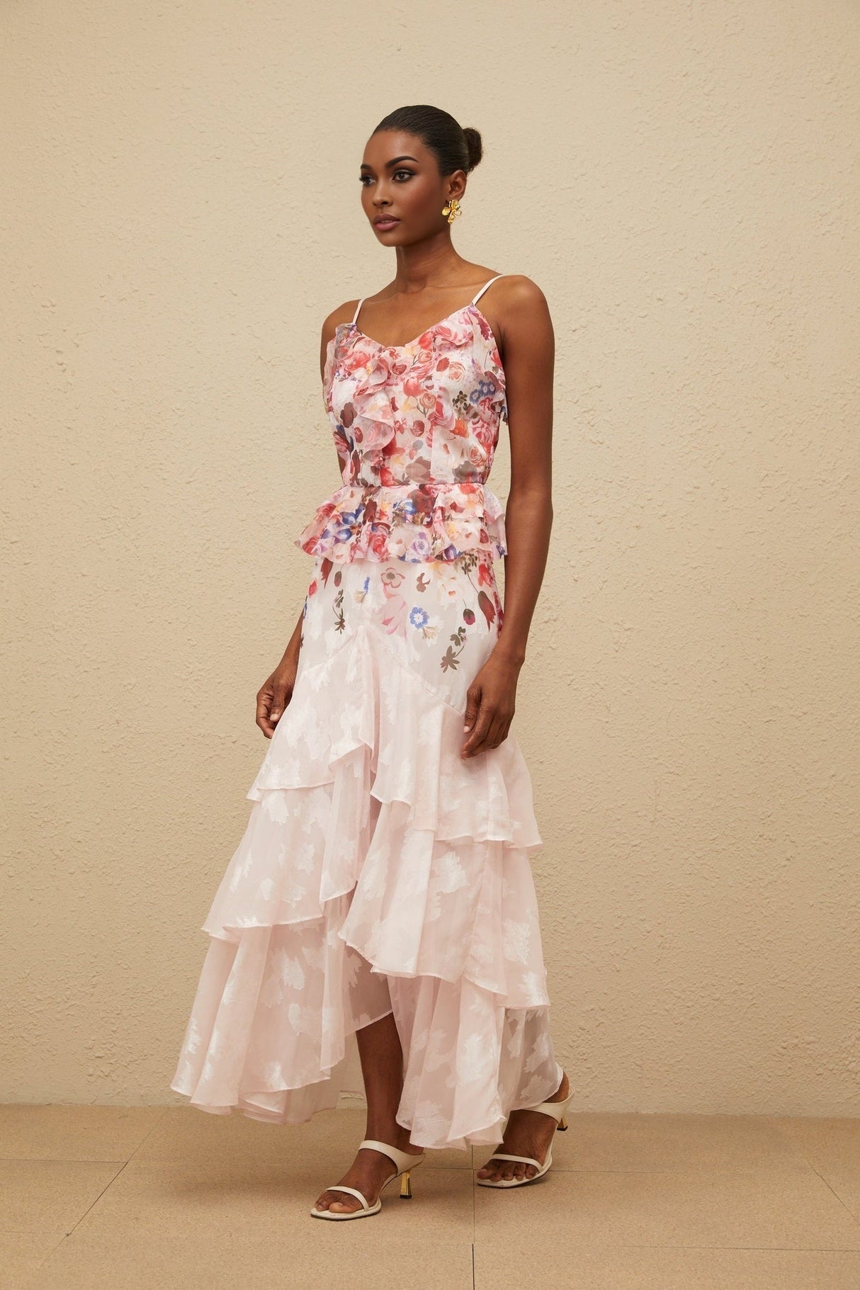 Faith Maxi Dress - Rose Print - Tiered Hem - Sleeveless - Adjustable Straps