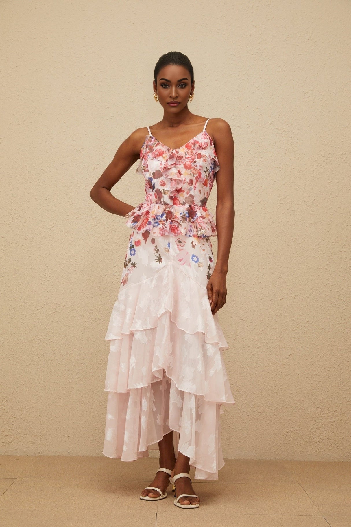 Faith Maxi Dress - Rose Print - Tiered Hem - Sleeveless - Adjustable Straps