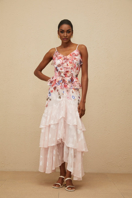Faith Maxi Dress - Rose Print - Tiered Hem - Sleeveless - Adjustable Straps