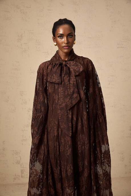 Faith Midi Dress - Long Sleeves - Chantilly Lace - Self - Tie Design - Asymmetric Hemline